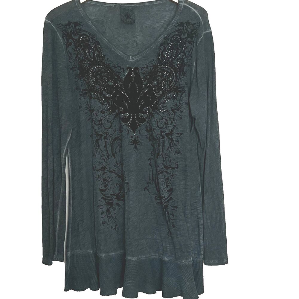 Vocal Apparel Stone Washed Tunic Dress L Rhinestone graphic gothic